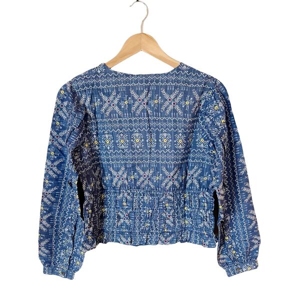 ANTHROPOLOGIE Embroidered Smocked Blouse Sleeves Top Blue Boho V-Neck Small NWT - Picture 3 of 7